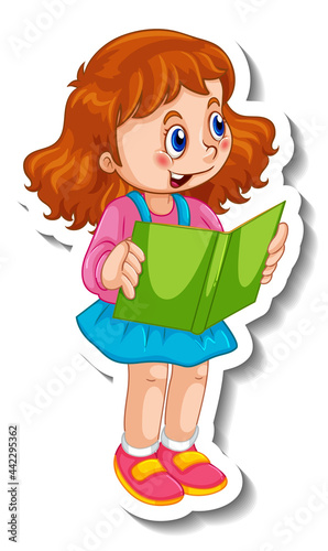 Sticker template with a girl reading a book isolated