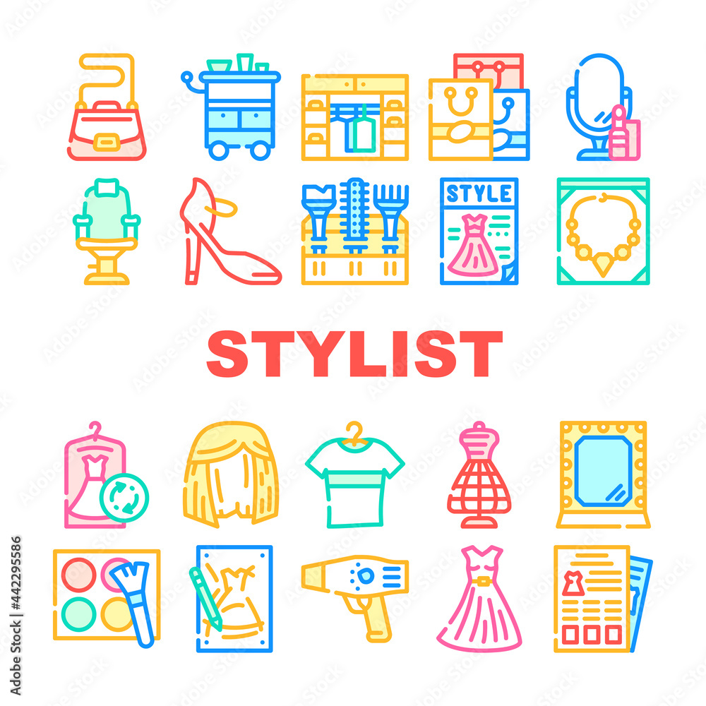 Stylist Accessory Collection Icons Set Vector. Stylist Armchair And Mirror, Sewing Mannequin And Dress, Style Catalog And Magazine Concept Linear Pictograms. Contour Color Illustrations