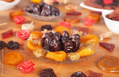 Beautiful and delicious dried fruits on the table.