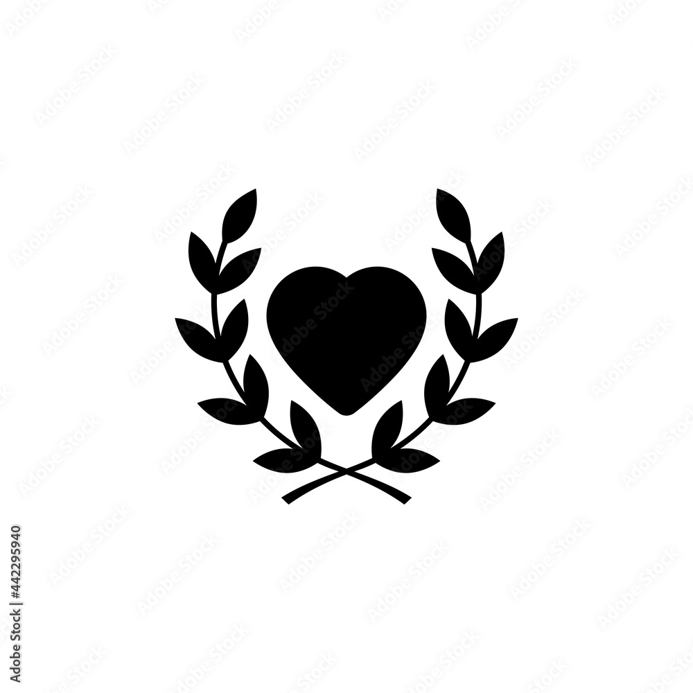 Laurel wreath icon with the heart isolated on white background