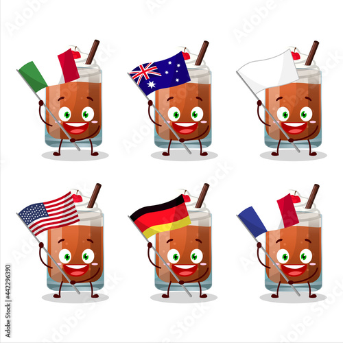 Root beer with ice cream cartoon character bring the flags of various countries