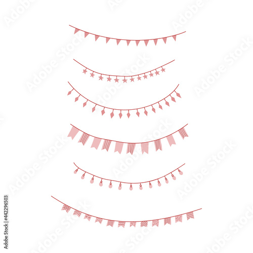 Hand drawn vector illustration of set of party celebration garlands, flags and lights. Cartoon doodle style isolated on white background.
