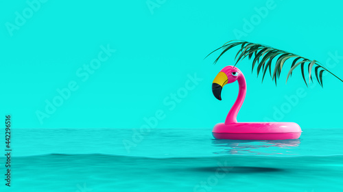 Fototapeta Naklejka Na Ścianę i Meble -  Pink flamingo floating in water on turquoise blue summer background 3D Rendering, 3D Illustration