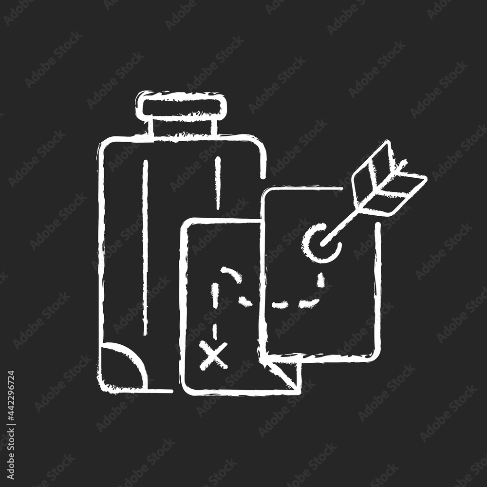 Saggitatourism chalk white icon on dark background. Dart mark on map to decide journey destination. Tourism type. Plan vacation. Travel industry. Isolated vector chalkboard illustration on black Saggitatourism chalk white icon on dark background. Dart mark on map to decide journey destination. Tourism type. Plan vacation. Travel industry. Isolated vector chalkboard illustration on black