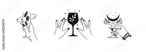 Elegant female hands holding glasses with mystic elements. Esoteric spiritual symbols. Vector celebration illustrations in linear style on white background. Trendy astrological design elements.