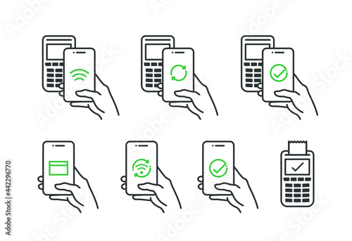 NFC wireless pay technology linear icon set. Contactless payment process symbols. Hand holding smartphone next to the POS terminal. Isolated vector line illustrations on white background.