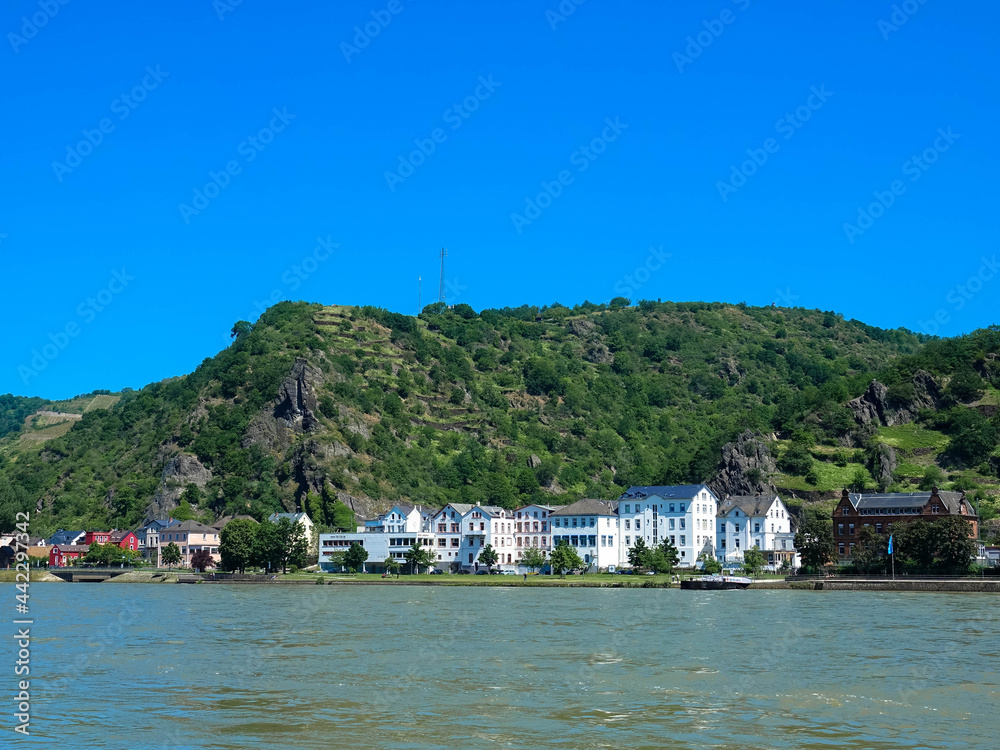 Panoramic view of the beautiful village of St. Goarshausen. A town on the west bank of the Middle Rhine in Rhineland-Palatinate, Germany Panoramic view of the beautiful village of St. Goarshausen. A town on the west bank of the Middle Rhine in Rhineland-Palatinate, Germany