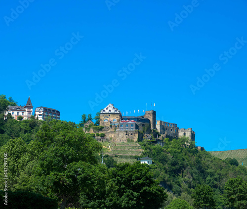 Panoramic view from the historic Rheinfels Castle on the hill above the banks of the Rhine. Sankt Goar, Rhineland-Palatinate, Germany.