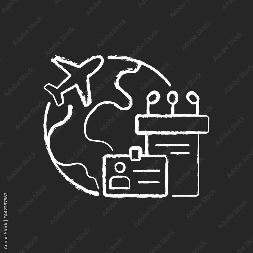 MICE tourism chalk white icon on dark background. Business trip. International flight for professional meeting. Global journey. Travel industry. Isolated vector chalkboard illustration on black MICE tourism chalk white icon on dark background. Business trip. International flight for professional meeting. Global journey. Travel industry. Isolated vector chalkboard illustration on black