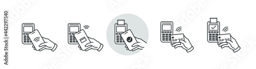 NFC wireless pay technology linear icon set. Contactless payment symbols. Hand holding smartphone and card next to the POS terminal. Isolated vector line illustrations on white background, EPS10