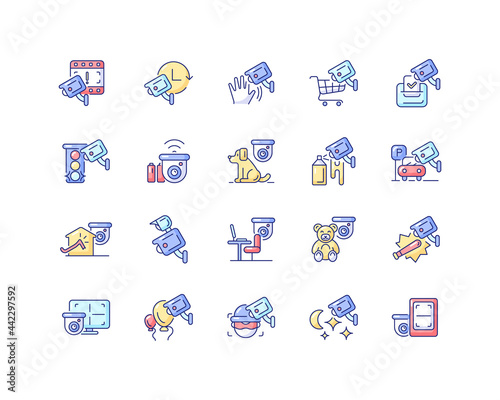 Surveillance and security systems RGB color icons set. CCTV camera installation. 24 7 protection. Isolated vector illustrations. House intrusion prevention simple filled line drawings collection