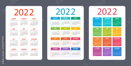 Calendar set 2022 - illustration. Week starts on Sunday