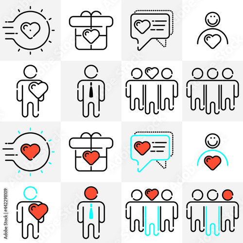 Friendship and love line icons. Interaction, Mutual understanding and assistance business, trust, social responsibility icons.