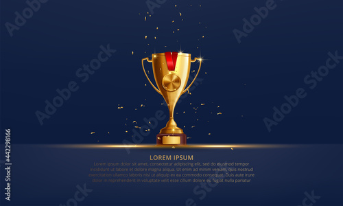 Realistic Golden Trophy Cup Set Isolated on Dark Blue Background