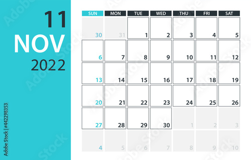 November 2022 Calendar Planner - vector illustration. Template. Mock up.