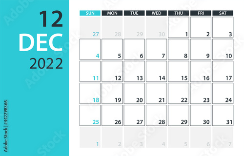 December 2022 Calendar Planner - vector illustration. Template. Mock up.