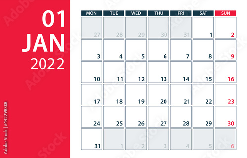 January 2022 Calendar Planner - vector illustration. Template. Mock up.