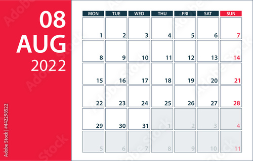 August 2022 Calendar Planner - vector illustration. Template. Mock up.