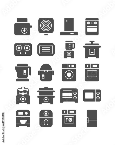 Kitchen electric appliance icon set. Air fryer, oven, grill, fruit blender, steamer pot, coffee maker, dishwasher, and more. Vector illustration, solid style, pixel perfect 64x64. 