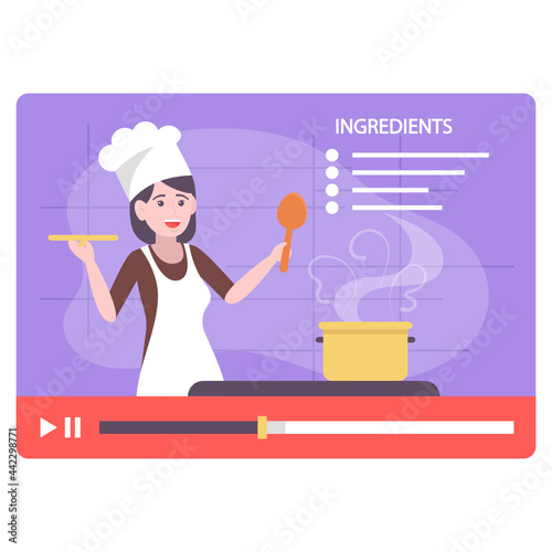 Food Cooking vlog recording Concept,  Female Chef Giving Webinar Vector Icon Design, Online video Training Symbol, E-Learning Sign, Virtual courses or Digital Academy Stock illustration