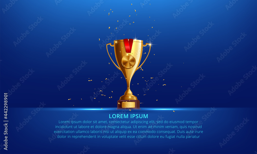 Realistic Golden Trophy Cup Set Isolated on Blue Background Stock