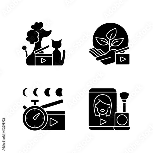 Video online black glyph icons set on white space. Pet animal footage. Environmental awareness. Time lapse shooting. Beauty vlog. Videography. Silhouette symbols. Vector isolated illustration
