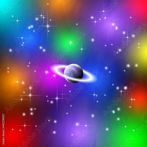 A bright shining color space with the volumetric planet Saturn, radiant stars and nebulae