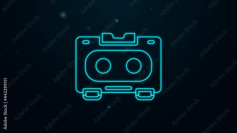 Glowing neon line Retro audio cassette tape icon isolated on black background. 4K Video motion graphic animation Glowing neon line Retro audio cassette tape icon isolated on black background. 4K Video motion graphic animation