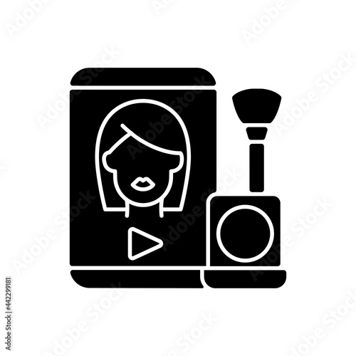 Make up tutorial videos black glyph icon. Beauty vlog. Online creator on women style. Beautician blog. Streaming internet video. Silhouette symbol on white space. Vector isolated illustration