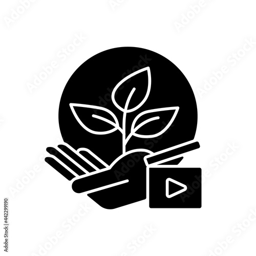 Environmental awareness videos black glyph icon. Shooting footage for green activism campaign. Film on ecology for video vlog. Silhouette symbol on white space. Vector isolated illustration