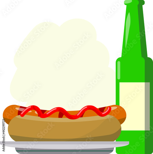 Hotdog and drink. A drink in a bottle. Flat design.