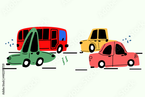 Cute cars are driving along the road, cars are hand-drawn in the doodle style. Vector children's illustration of cars for books, notebooks, stickers and prints