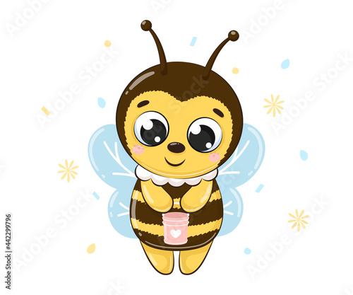 Cute bee flies and smiles.Cartoon vector illustration.
