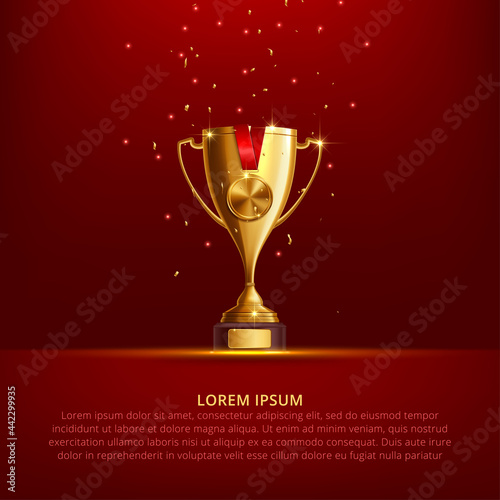 Realistic Golden Trophy Cup Set Isolated on Red Background