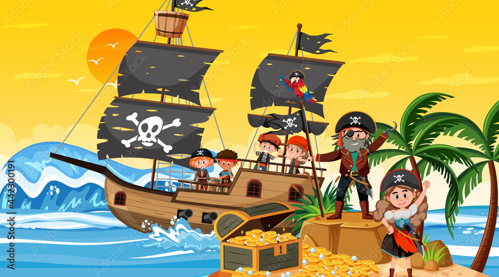 Naklejka premium Treasure Island scene at sunset time with Pirate kids on the ship