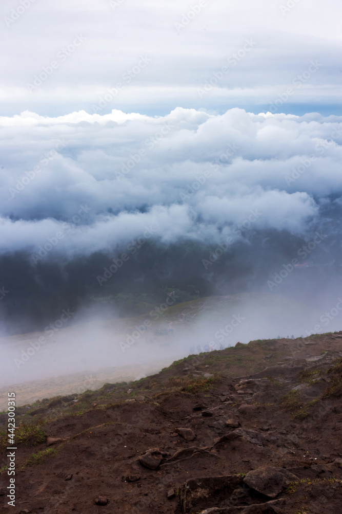 Scenic view of mountains against sky. Stone road to nowhere in the mountains. fog. cloudy weather. In Ukrainian Carpathian Mountains