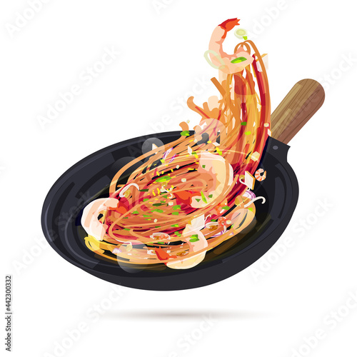 Pad Thai cooking on pan - vector illustration