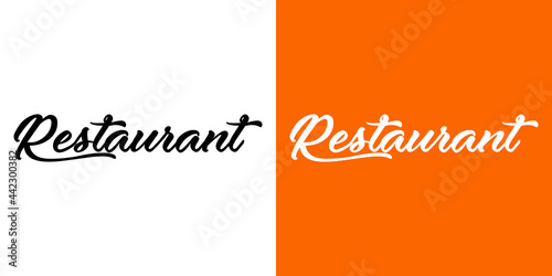 Logo con palabra Restaurant en caligrafía en fondo blanco y fondo naranja