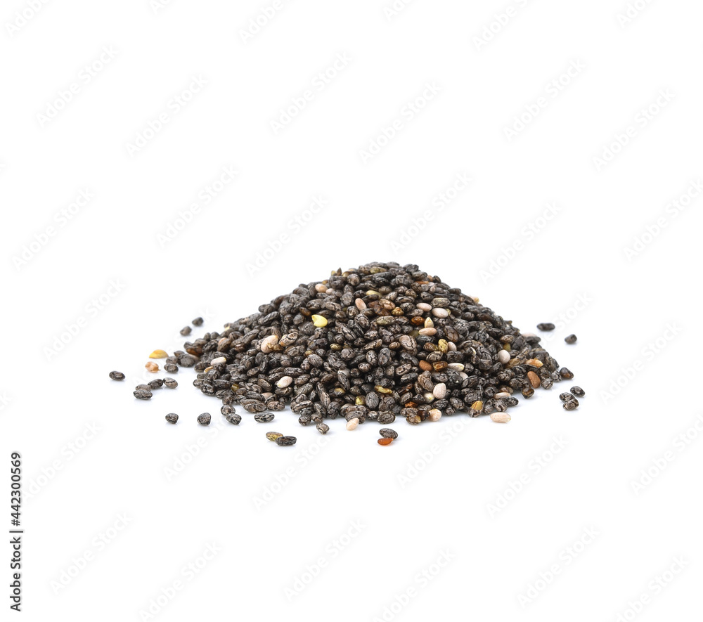 Closeup macro of small organic chia seeds isolated on a white background Closeup macro of small organic chia seeds isolated on a white background