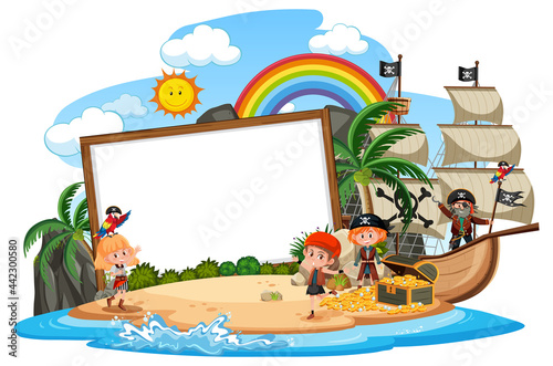 Many pirate kids on the island with blank banner template isolated