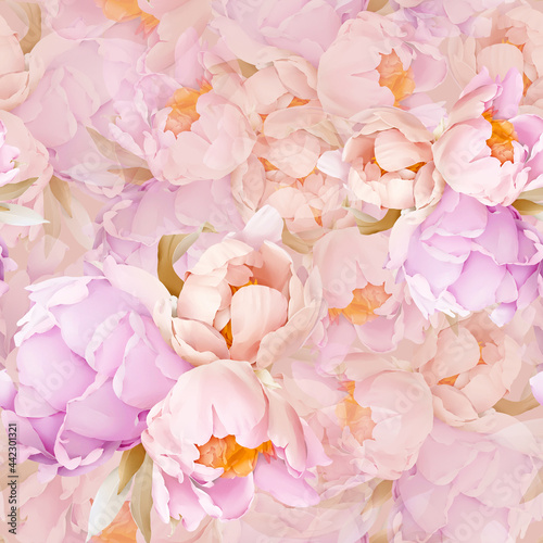 Seamless pattern with peonies in a gentle range, flowers in watercolor style
