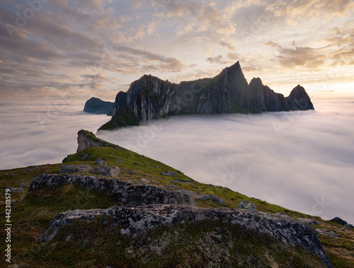 View at the Mountain Hesten, Senja, Norway. Dramatic summer arctic landscape. photo