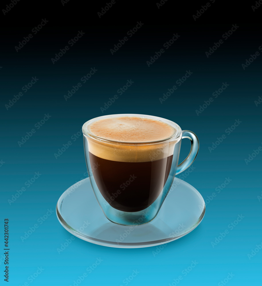 Cafe solo en Gaza de cristal sobre fondo azul. Black coffee in strip glass on blue background. Cafe solo en Gaza de cristal sobre fondo azul. Black coffee in strip glass on blue background.