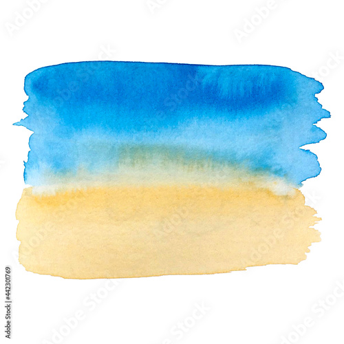Spot marine watercolor background: sea beach ocean coastline blue and yellow sand and sea waves shore surf sea foam. For summer banner, backdrop, background. For your design.