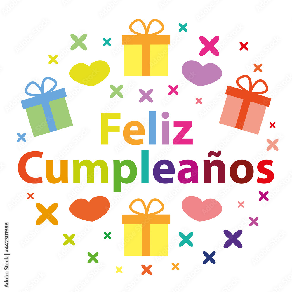 Feliz cumpleaños. Vector decorative greeting card. Happy birthday in  spanish. Stock Vector