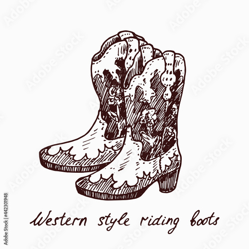 Western style riding boots, woodcutstyle ink drawing illustration with inscription