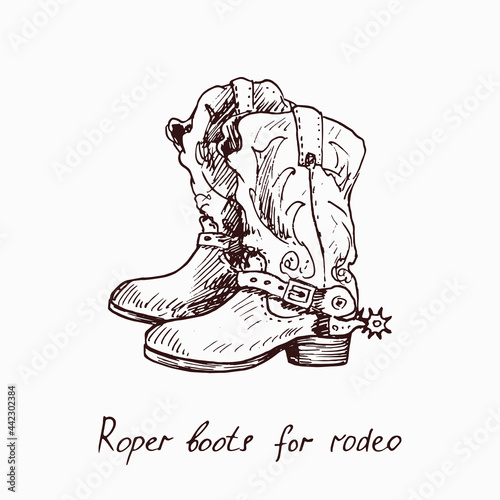 Roper boots for rodeo, woodcutstyle ink drawing illustration with inscription