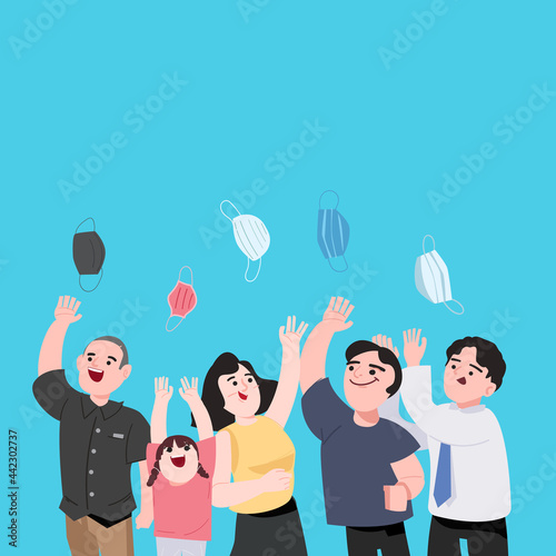 people throwing mask, no more pandemic concept - vector illustration