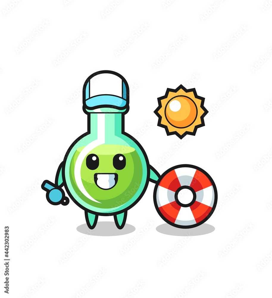 Cartoon mascot of lab beakers as a beach guard