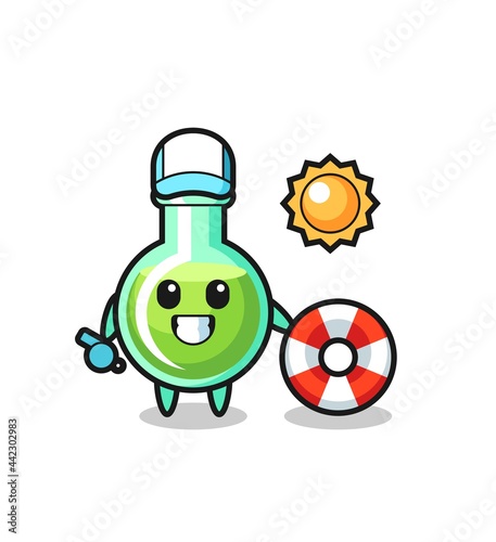 Cartoon mascot of lab beakers as a beach guard